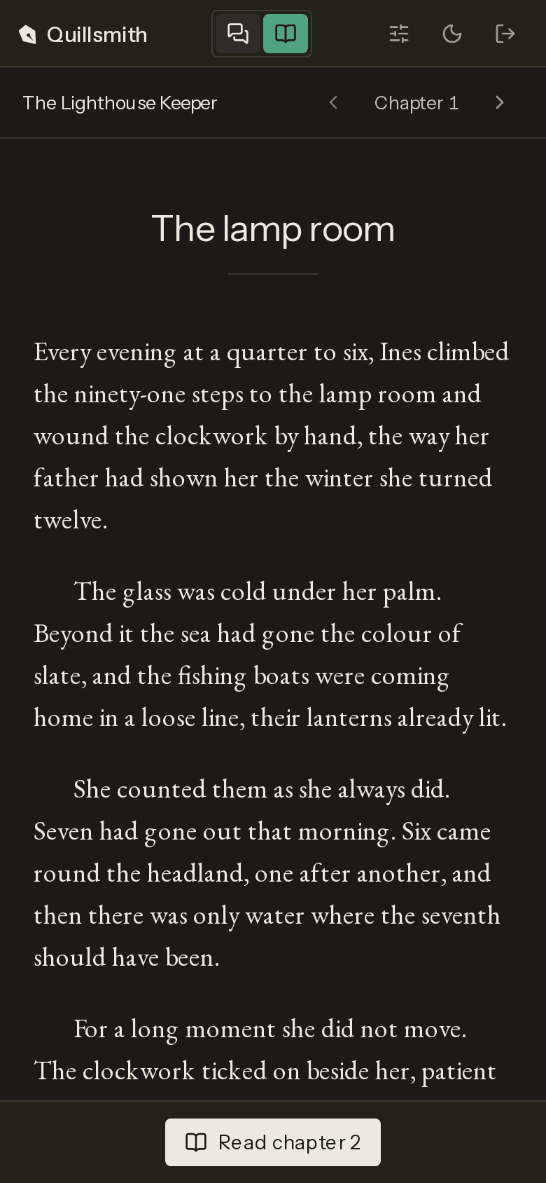 Quillsmith Lite on a phone: a chapter set as a page in the reader