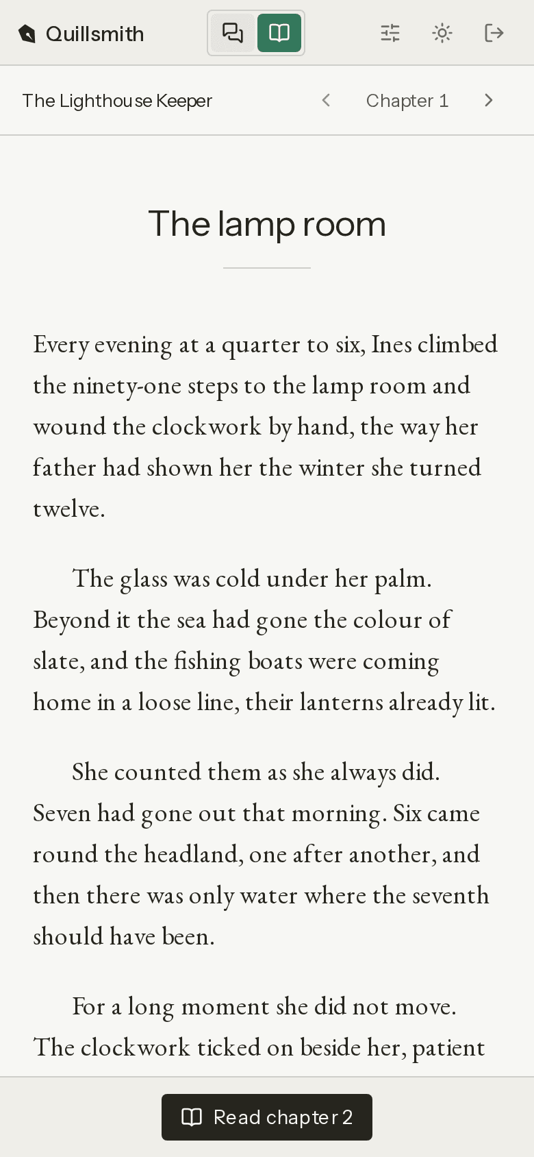 Quillsmith Lite on a phone: a chapter set as a page in the reader