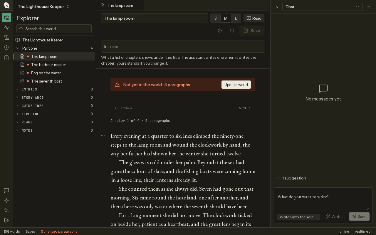 Quillsmith Pro: a chapter open in the workspace, the world’s books and chapters in the drawer beside it