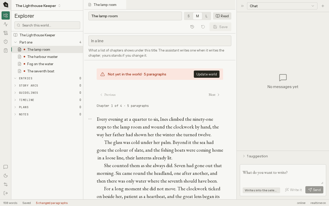 Quillsmith Pro: a chapter open in the workspace, the world’s books and chapters in the drawer beside it
